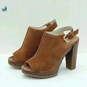 Michael Kors Women's Brown Suede Leather Rubber Outsole Block Heel Sandal Size U